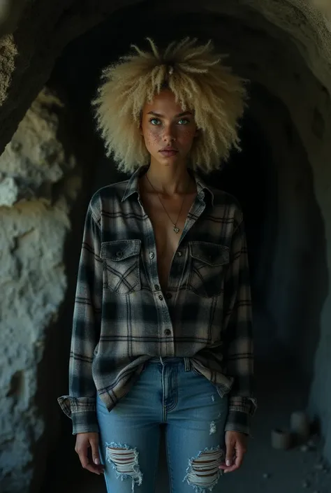 Photographie d&#39;une femme, (expression faciale troublée), peau texturée, chair de poule, cheveux afro blonds, chemise en flanelle à carreaux avec un jean boyfriend vieilli, tir de cow-boy, grotte sombre et mystérieuse avec des formations rocheuses uniqu...