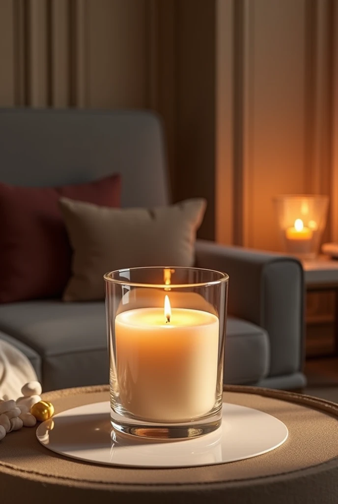 Handmade candle inside a glass with elegant room background 
