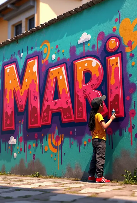  Make a very colorful 3D graffiti art with the name MARI on a wall of a favela, very colored with red colors ,purple, yellow and others ,Put a girl in a cap and baggy pants with a spray can 