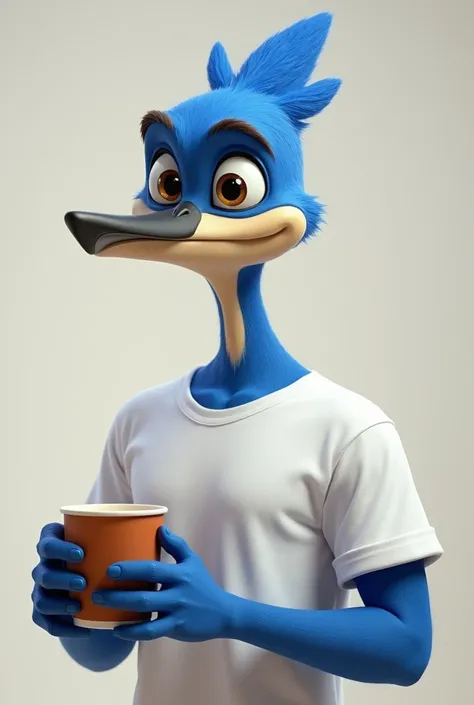 mordecai wearing a white t-shirt while holding a cup