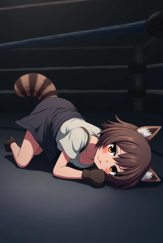  The image shows a female anime-style character with raccoon ears and a fluffy striped tail,  wearing a white t-shirt with straps and a jacket loose over the shoulders .  His hair is short and brown ,  with large expressive eyes that would usually be seen ...