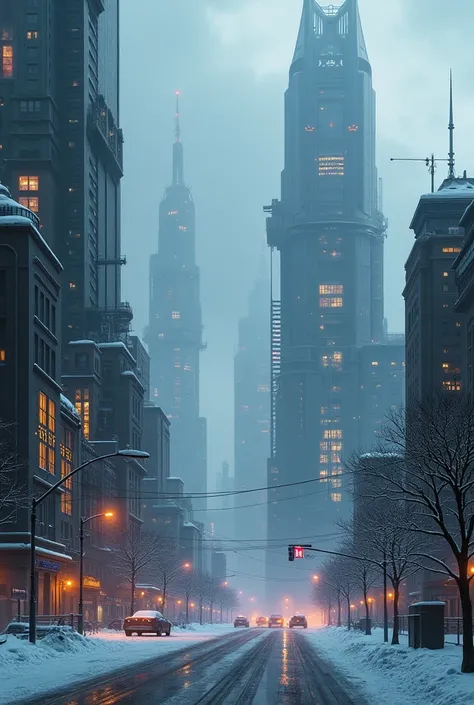 cold Cyberpunk city landscape, with snow and tall buildings