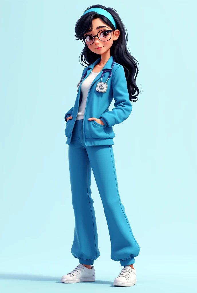  23-year-old black-haired woman ,  with an electric blue headband , Must wear lenses ,  must wear an electric blue hospital uniform ,  the jacket must have pockets in the front ,  with a psychology logo on the left chest ,  the pants must be loose and the ...