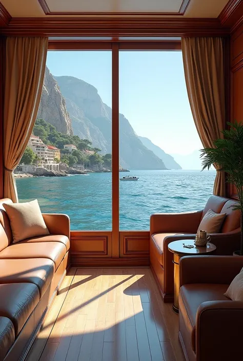 realistic, Interior of a large yacht with a view of the French sea.