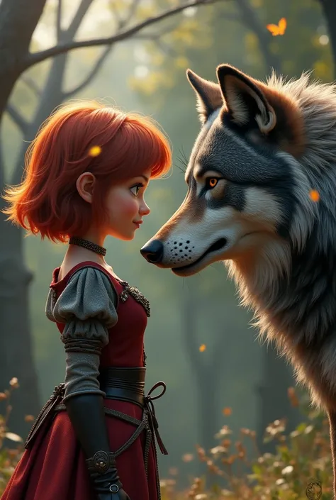 pixar design, pretty woman, Pix art , Short red hair woman, face to face with a Gigant Grey wolf ,, medieval outfit, sexy , medieval clothes Medieval style, Medieval background 