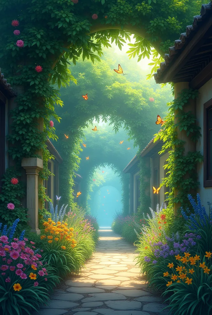  Making an alley small enough for people to pass through . Green leaves make arches .  Mysterious, soft light is passing through .  Flying butterflies shine in the colors of auroras.  colorful flowers are blooming on both sides of the road .