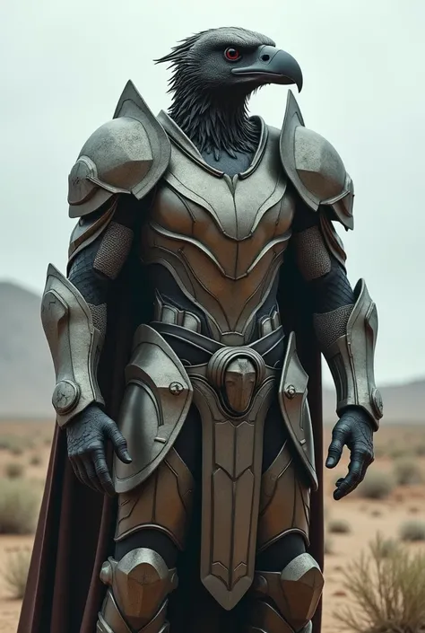 vulture-inspired armor, and a helmet in the shape of a vultures head made of metal with a helmet that is shaped like a vulture without seeing its eyes