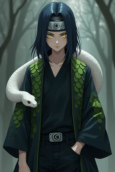 Naruto style anime ninja teenager boy ,  with long black hair ,  band on the forehead with eclipse symbol , pale skin,  yellow eyes with vertical pupils , black shirt, Haori black with green lines in the form of neon scales,  black jeans and a white pet sn...