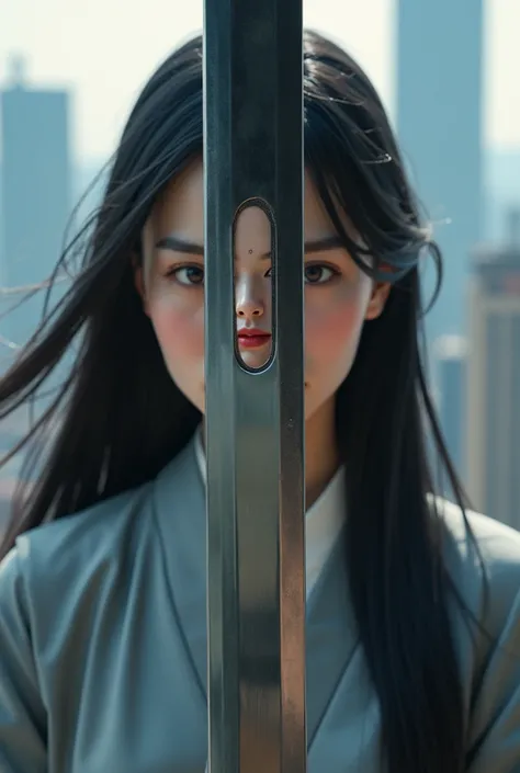 look of a beautiful Chinese woman reflected in the blade of a katana, in the background a contemporary Chinese city out of focus
