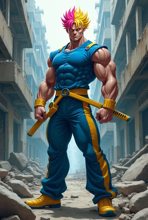  A man with yellow hair and pink tuft ,that is muscular, who has a blue shirt and pants with yellow stripes, whose eyes shine pink ,That he is in an abandoned city , And that his skin is clear and that he has a katana that shines like yellow and pink