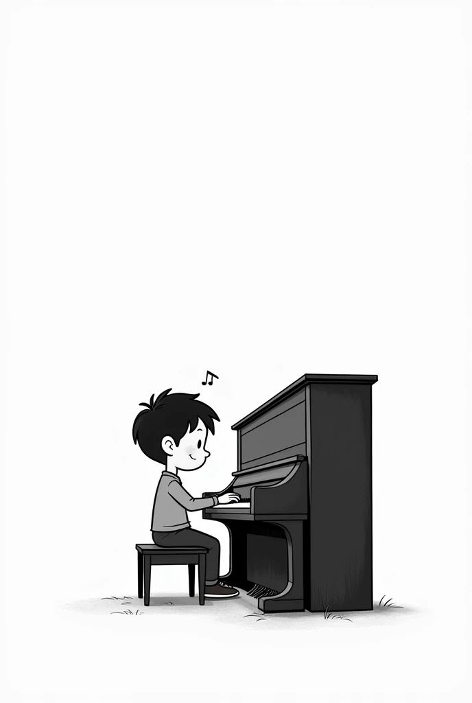 2D cartoon image of boy playing the piano in black and white