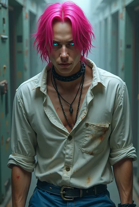 Guy bright pink hair med length bright blue eyes relastic cyber beat and battered be in chains with white dirty shirt and blue nurse pants thick collar around the neck