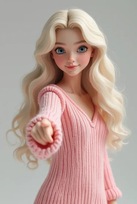  Create a 3d drawing of a white-skinned woman, blue eyes, long light blonde hair, with pink knitted clothes ,  pointing downward 