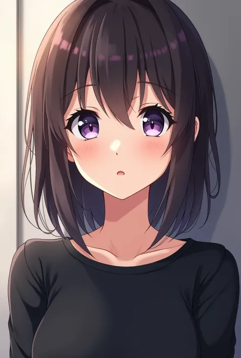  Panel anime comic of a girl who is an adult,With eyes lila ,dark brown hair,piel Blanca,with a black shirt,Her face is very pretty .