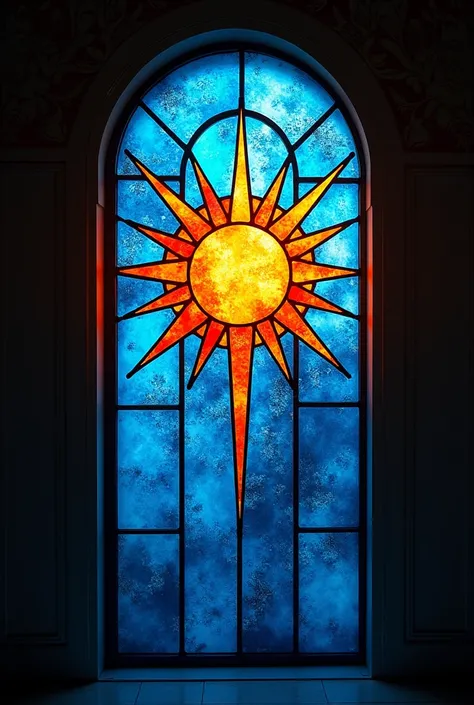 Fusion of blue and orange in a stained glass window shaped like a sun and moon