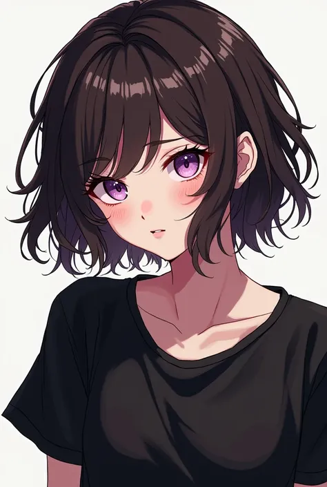 Anime comic panel of a girl who is a rough adult,With eyes lila ,dark brown hair,piel Blanca,with a black shirt,Her face is very pretty .