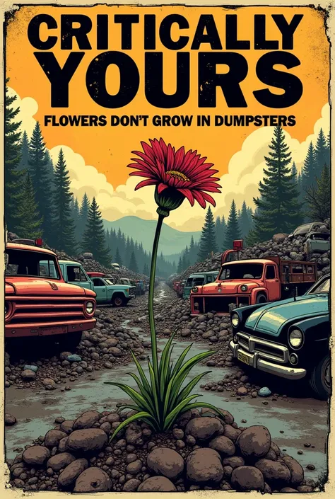 A bands poster showing a junk yard, the bands name is " Critically Yours", and the songs name is " Flowers dont grow in Dumpsters" 
