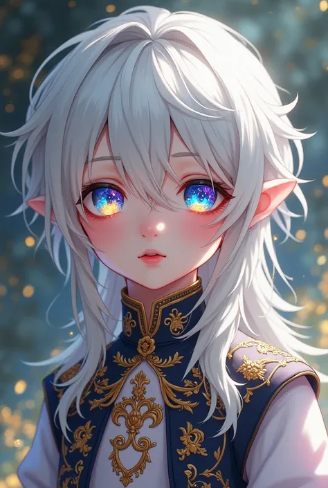 White-haired rainbow-eyed boy dressed elegantly in royal flush costumes anime version 