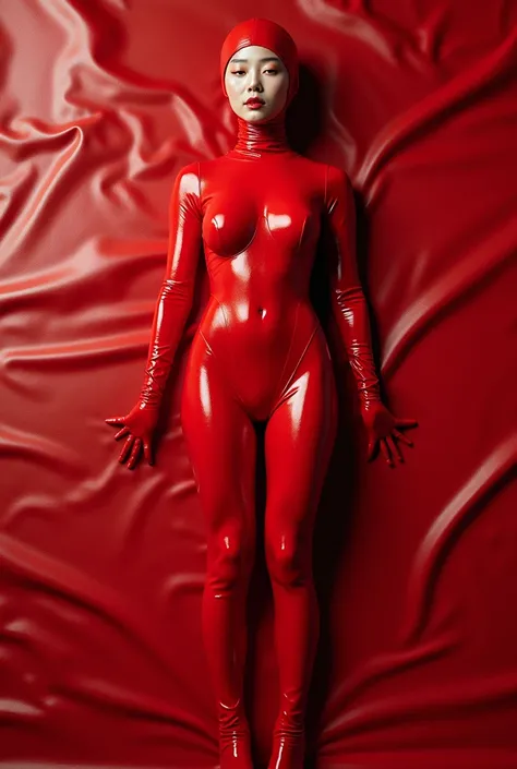 Best Quality, high resolution, gentle focus, full-body photo, a beautiful Korean woman, slim body perfect, without hair, lying on a wide and tall rectangular red rubber latex bed, wearing a tight-fitting red rubber latex catsuit, exposed mammary gland, wra...