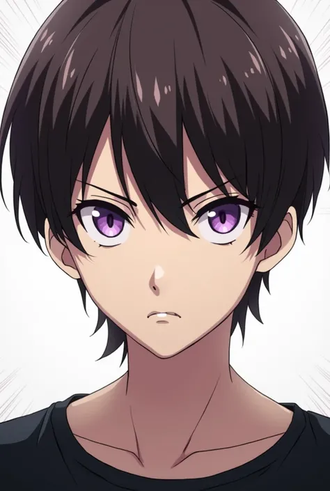 Anime comic panel of a boy who is a rude adult,With eyes lila ,short dark brown hair ,piel Blanca,with a black shirt,It is very beautiful,He has a serious expression.