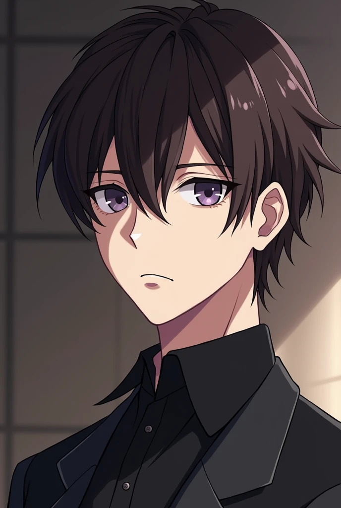 Anime comic panel of a boy who is a rude adult,With eyes lila ,short dark brown hair ,piel Blanca,with an elegant black shirt,It is very beautiful,He has a serious expression.