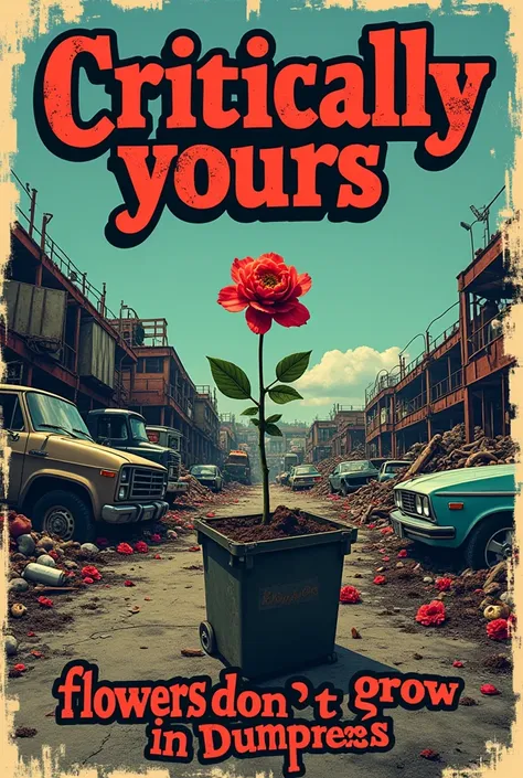 A bands poster showing a junk yard, the bands name is " Critically Yours", and the songs name is " Flowers dont grow in Dumpsters" 
