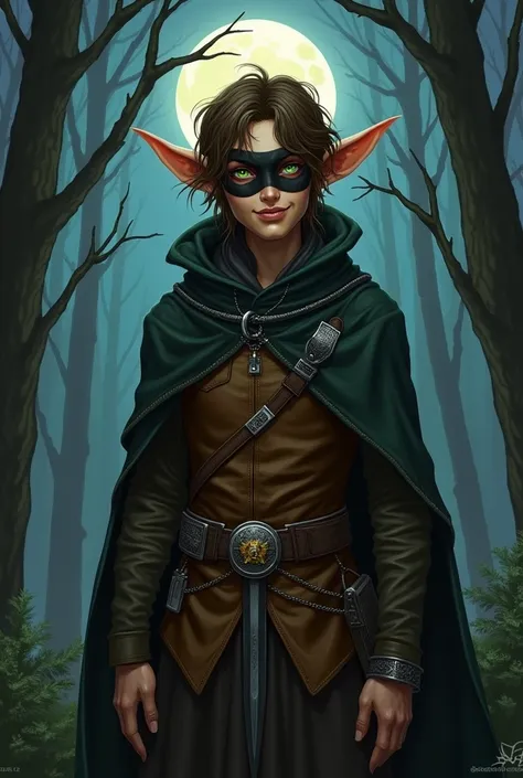 *RareEnd ,  the Sarcastic Elf *

image:  A tall, thin elf ,  with disheveled brown hair and bright light green eyes .  He wears a brown leather outfit ,  with a dark cape and a hoodie to hide his identity .

* Accessories :*

 - A silver dagger on the belt...