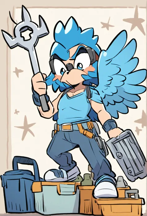 A macho cartoon blue eagle holding tool wrench in his left wing and holding a tool box in right wing
