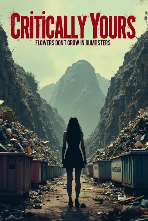 A bands poster showing a woman facing back in a huge dumpster yard filled with trash and filth , the bands name is " Critically Yours", and the songs name is " Flowers dont grow in Dumpsters" 
