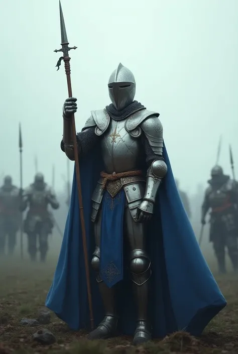 A knight in full armor and blue cloak, with a small spear in one hand, balanced on the tip of a finger. The background is a medieval battlefield, blurred and full of fog