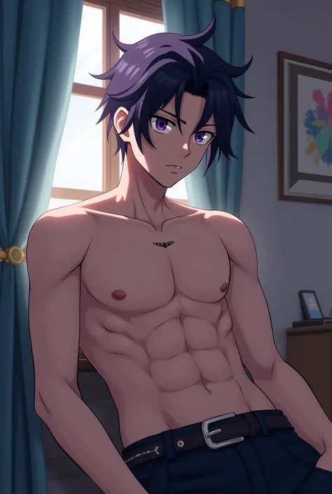  A young adult man with hair shaved on his sides and purple eyes,  shirtless with a small tattoo on his chest ,  serious expression , pose casual, in the room,  Anime style