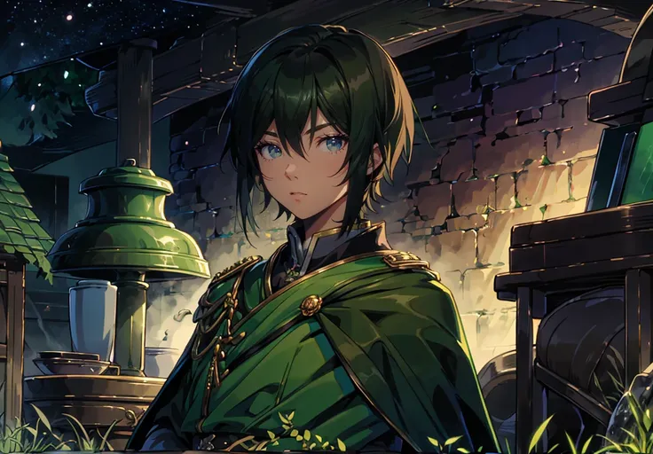 yuichiro hyakuya, (WithoutFear:1), 1 boy, black hair, green eyes, brown coat, gray armor, green shield, green cloak, dark brown gloves, space, legendary aura, white fur trim, tall, anime, standing, good quality, portrait, looking at viewer