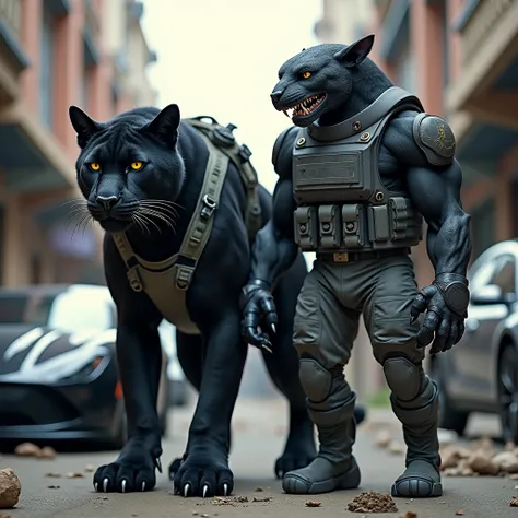  Urban Panther :

visual:  A muscular hybrid with black fur bright and intense yellow eyes .  Your body is designed for agility in environments urban .

Equipment:  Wears a gray camouflaged uniform with a lightweight tactical vest that allows for quick mov...