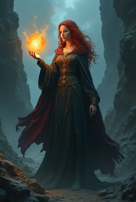 A small red-haired sorceress, with a long cape and glowing eyes, holding a sphere of light. It is at the tip of a finger and the background is a dark, rocky landscape.