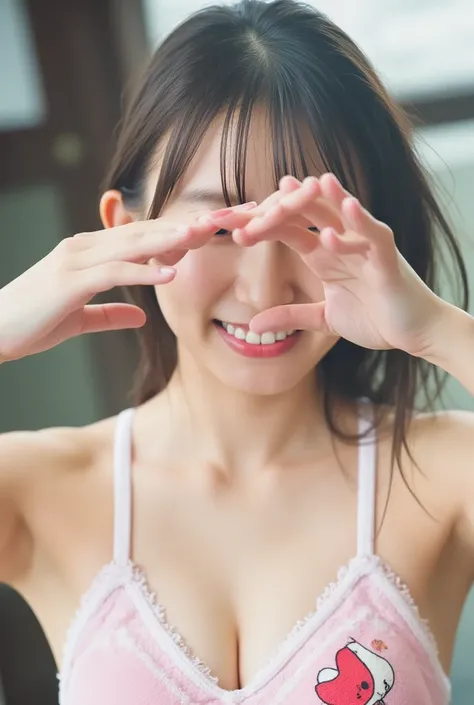 Only one woman with a cute smile wears cute, fluffy off-shoulder pajamas, makes a big heart shape with both hands, and poses them in front of her chest, View above collarbone、The background is a monotone 

