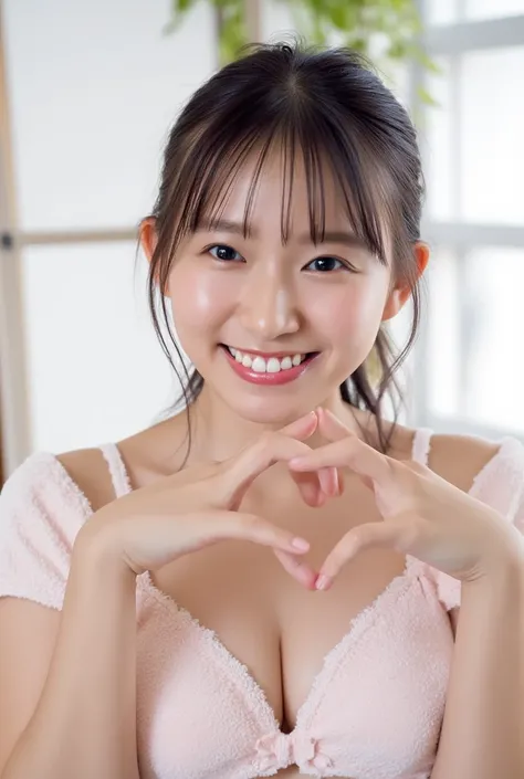 Only one woman with a cute smile wears cute, fluffy off-shoulder pajamas, makes a big heart shape with both hands, and poses them in front of her chest, View above collarbone、The background is a monotone 

