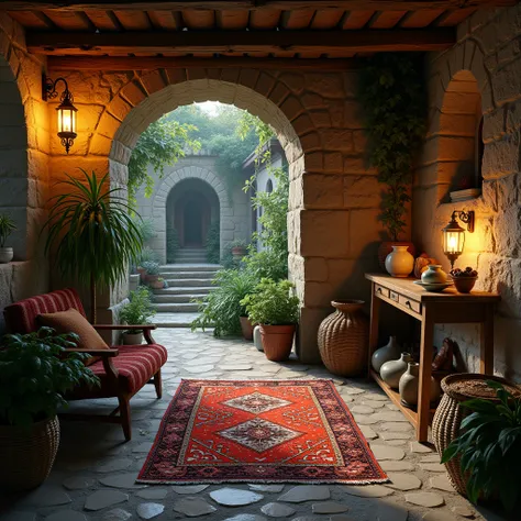 Early Renaissance-style natural image, from inside an old cottage 
A village with an Iranian carpet and a night lit by lanterns