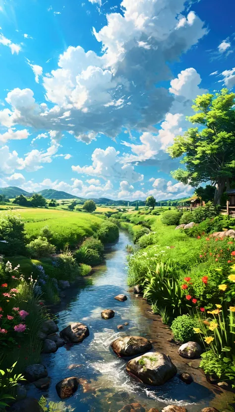 Anime 30 % realistic 70 % semi-real style 、Background、 Details、 high definition、Summer countryside、Plants、Waterway、Summer sky and Nyudo clouds、 clear contrast between sun and shadow、8KHDR