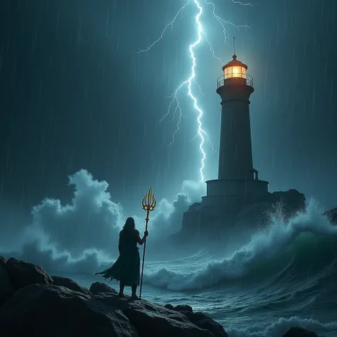 In a dark stormy sea the only thing standing in the way of the god poseidon with his golden trident in hand and his raging waves is a tall lonely lighthouse