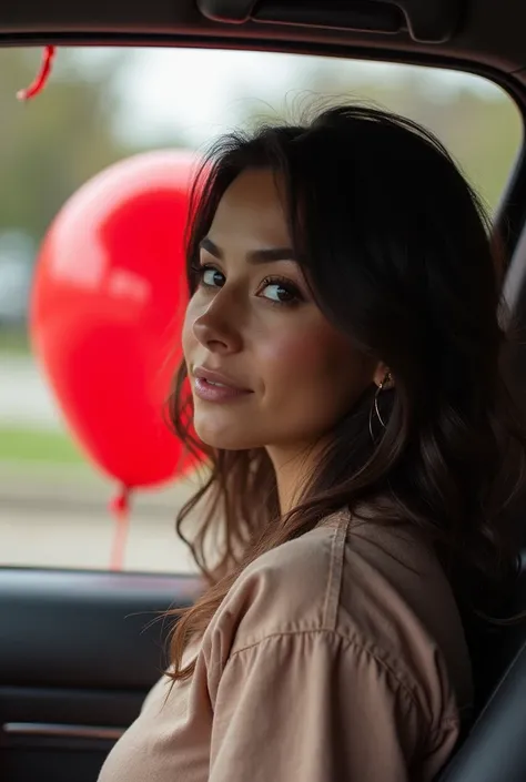 Arafed woman sitting in a car with a red balloon in the background, 2 , 2 , Alanis Guillen, 3 0 year old woman , 30 year old woman, 2 , 2 , 21 years old, 2 , 18 years old, 2 , violet myers