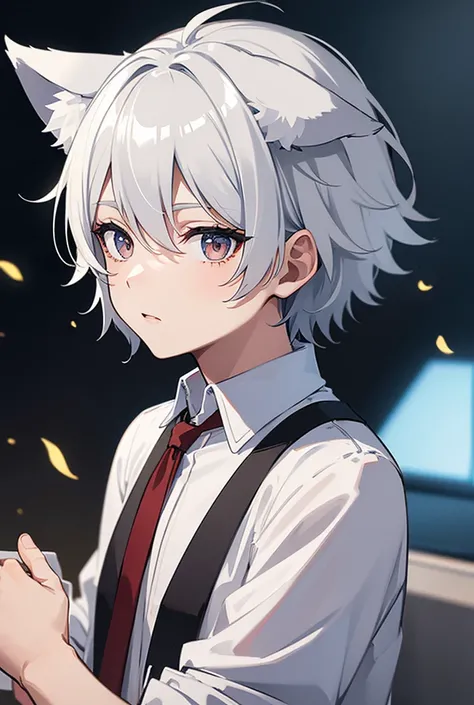  high resolution , Alone, Young,Short-haired boy,  silver hair , anime, wolf ears, 