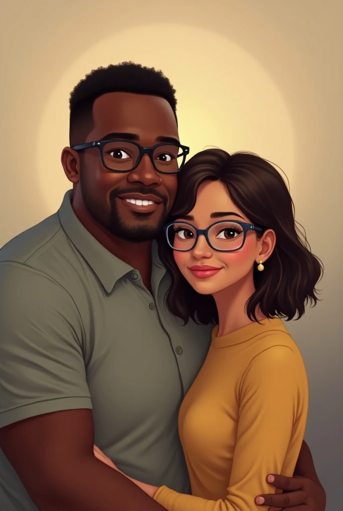 Make a couple an overweight black man with a smooth-haired brunette woman with glasses 