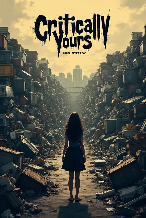 A bands poster showing a woman facing back in a huge dumpster yard filled with trash and filth , the bands name is " Critically Yours", and the songs name is " Flowers dont grow in Dumpsters" 
