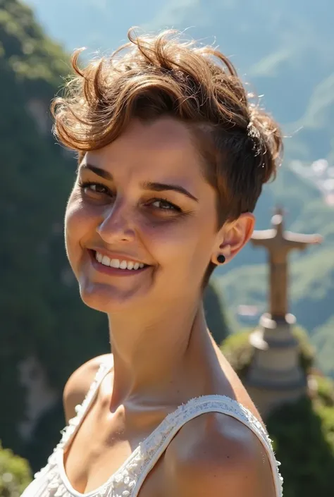 Create a beautiful , white skin, amber eyes, medium curly and colored pixie haircut, undercut,  smiling, in Rio de Janeiro, christ the redeemer in the background