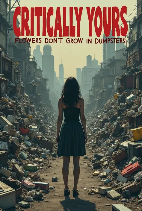 A bands poster showing a woman facing back in a huge dumpster yard filled with trash and filth , the bands name is " Critically Yours", and the songs name is " Flowers dont grow in Dumpsters" 
