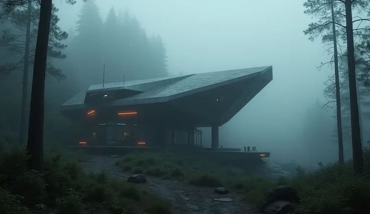 heavy fog , dark environment, futuristic environment,  sci-fi house in the middle of the forest, sci-fi elements 
