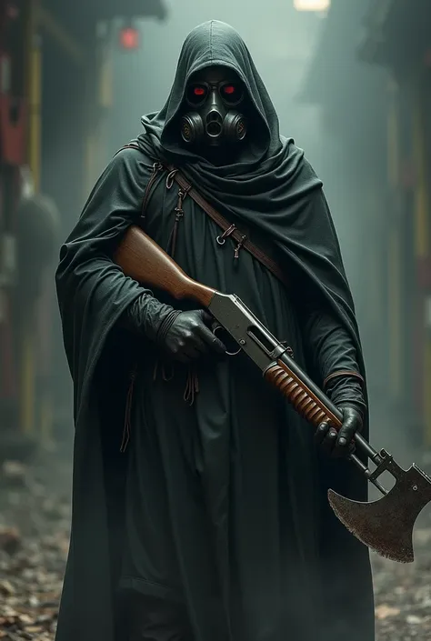 Man in a black robe , gas mask,  holding a saw-barreled shotgun and an axe