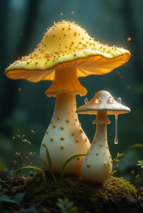  Umbrelux is a mushroom with a golden color ,  with a hat shaped like an umbrella facing down , as if it were protegendo o que está abaixo dele.  The stalk is thick and whitish ,  with small golden dots that shine slightly . When you touch the hat ,  it em...