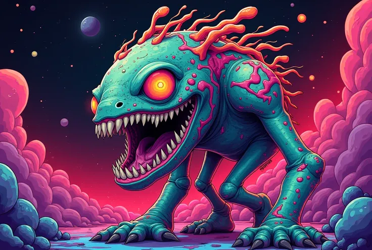 Side_view ((mousepad print)), ((Masterpiece)), ((ultra-detailed, 8k quality)), (top quality), (best composition), (high resolution), ((2D)) wallpaper, cartoonish yet terrifying monster in the **style of Brock Hofer**, vibrant and abstract space creature wi...