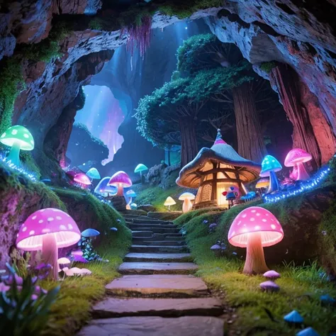  Please draw an enchanting cave portal that shines with pink and blue lights 。 Characters like wise men and wizards with canes are standing with their dog companions、The mossy ground is dotted with giant mushrooms 。
